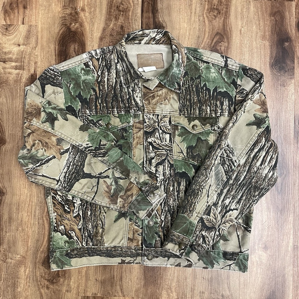Wrangler VTG Rugged Wear Jacket Men's L Realtree Camo Denim Trucker USA Made